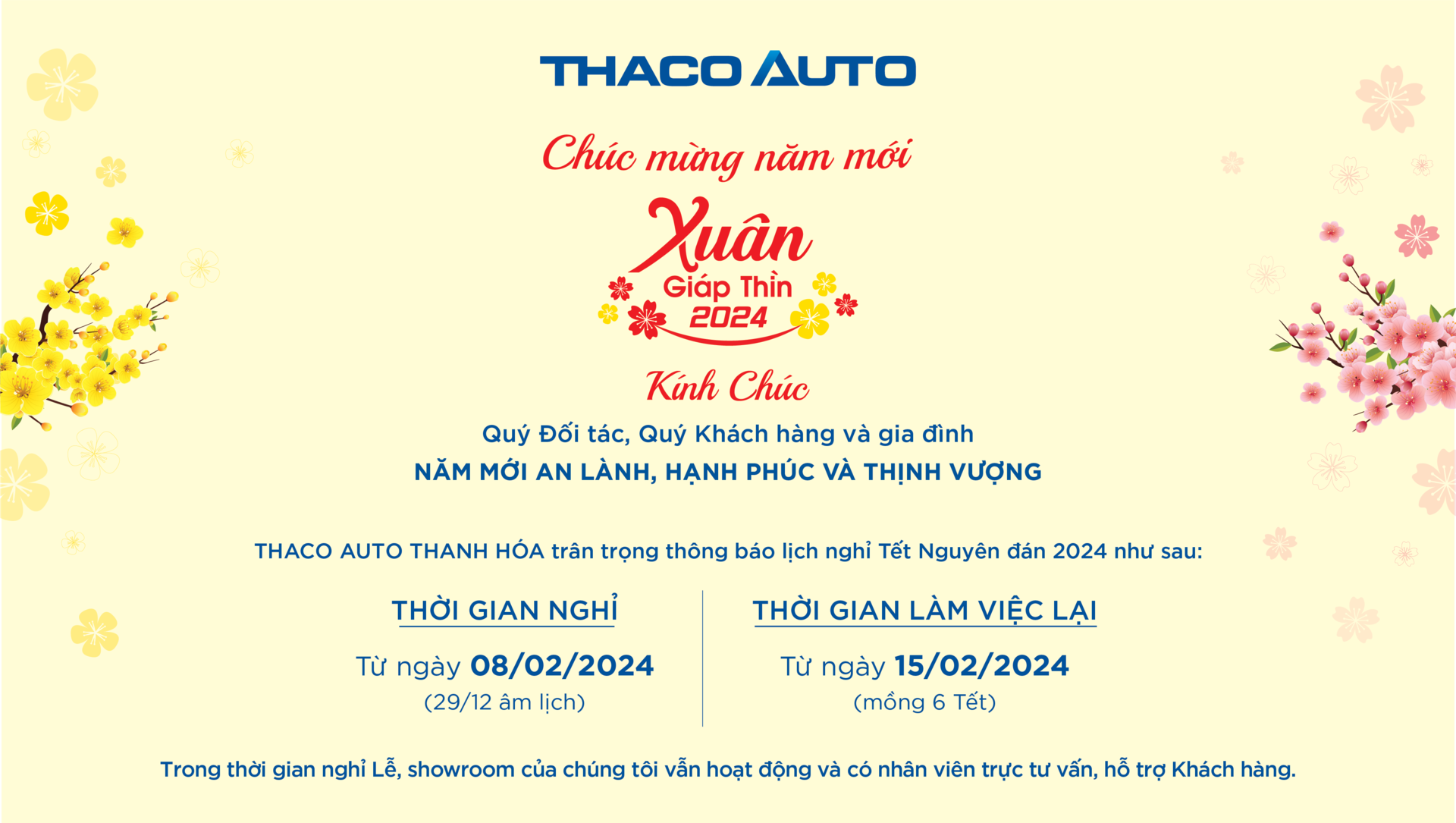 THACO AUTO THANH HÓA THÔNG BÁO LỊCH NGHỈ TẾT