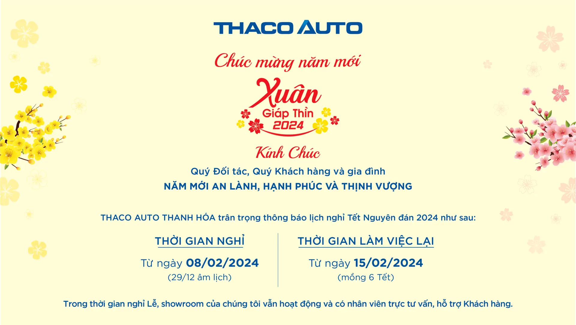 THACO AUTO THANH HÓA THÔNG BÁO LỊCH NGHỈ TẾT