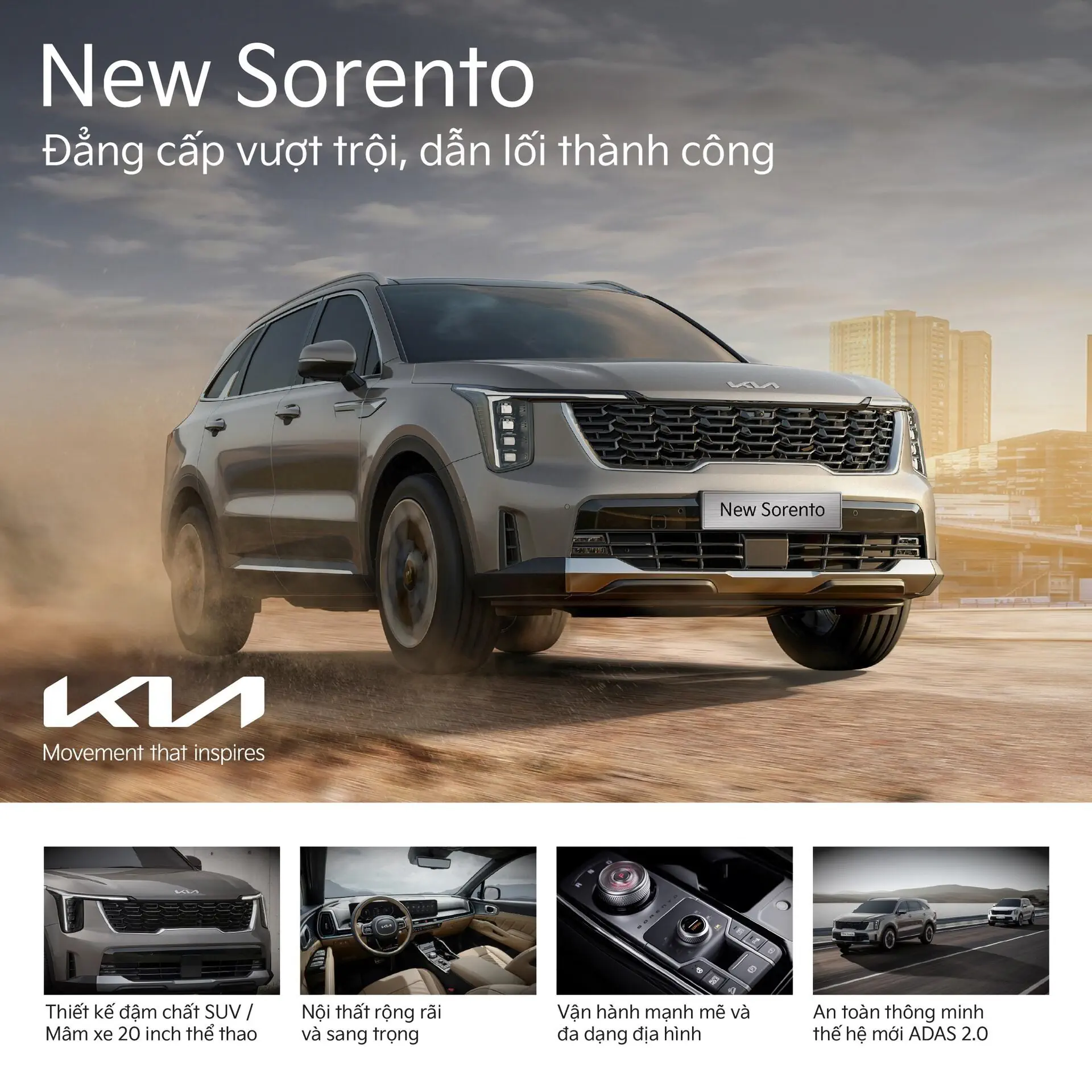 New Sorento – mẫu SUV 7 chỗ thế hệ mới cao cấp, là lựa chọn của những người luôn sẵn sàng dẫn dắt và khẳng định vị thế riêng.